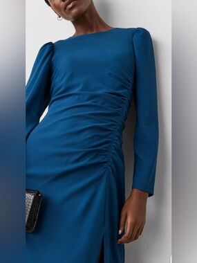 Ann Taylor Midnight Blue Long-Sleeve Ruched Midi Dress